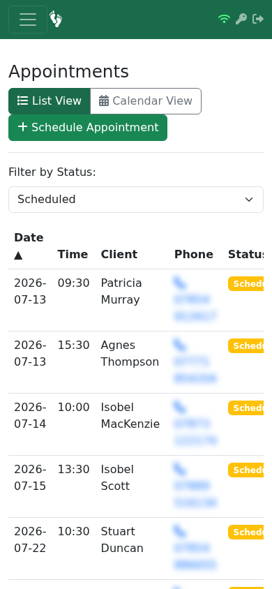 Appointments list on mobile showing the day's schedule in a compact card layout