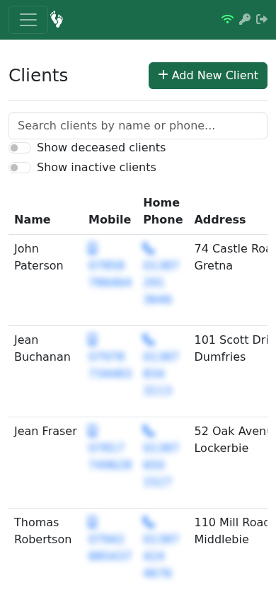 Client list on mobile with searchable names and quick contact options