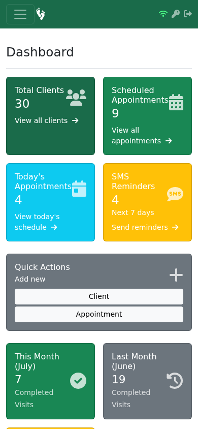 Dashboard on mobile showing today's appointments and quick actions in a compact layout