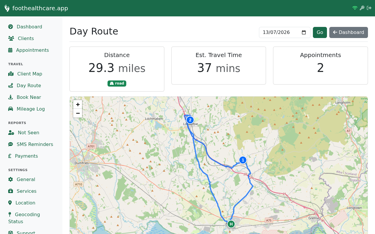 Day route planner showing optimised visit order on a map with distances and estimated travel times