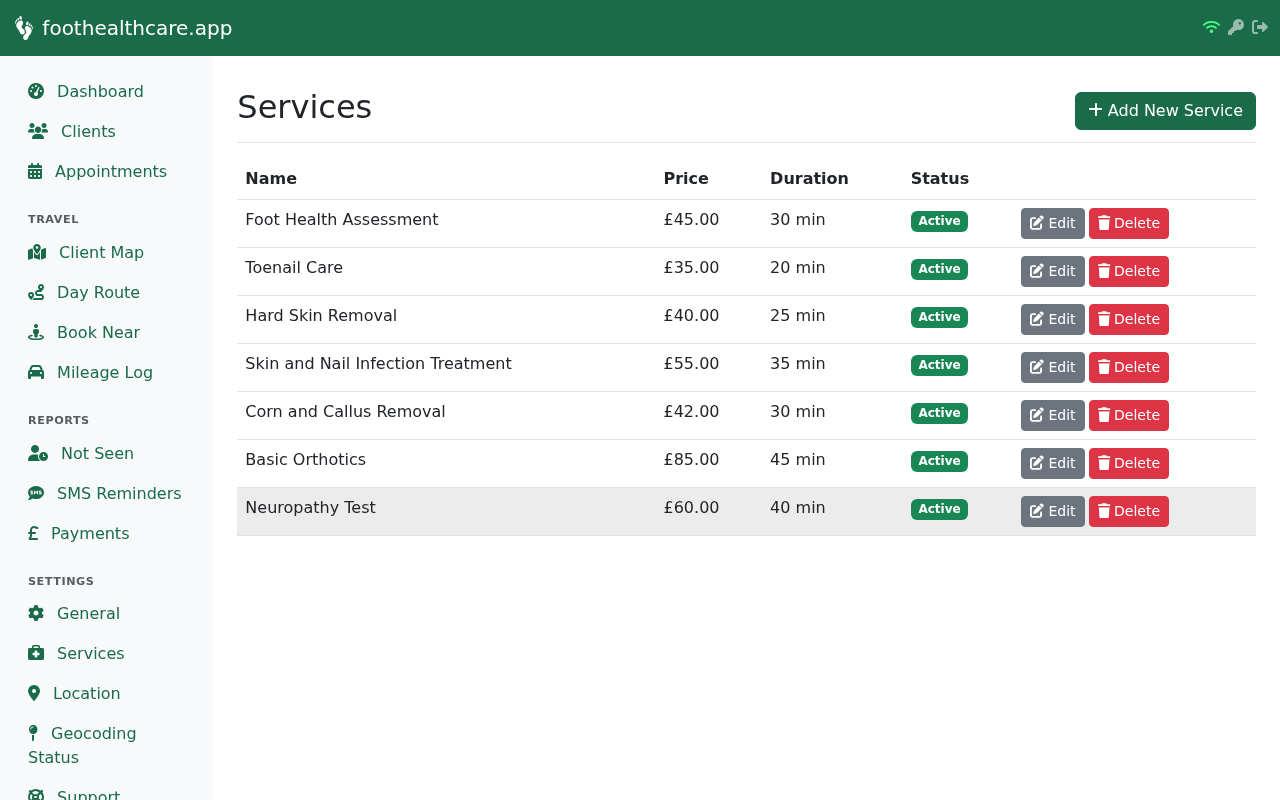 Services list showing treatment names, prices, durations, and active status with edit controls