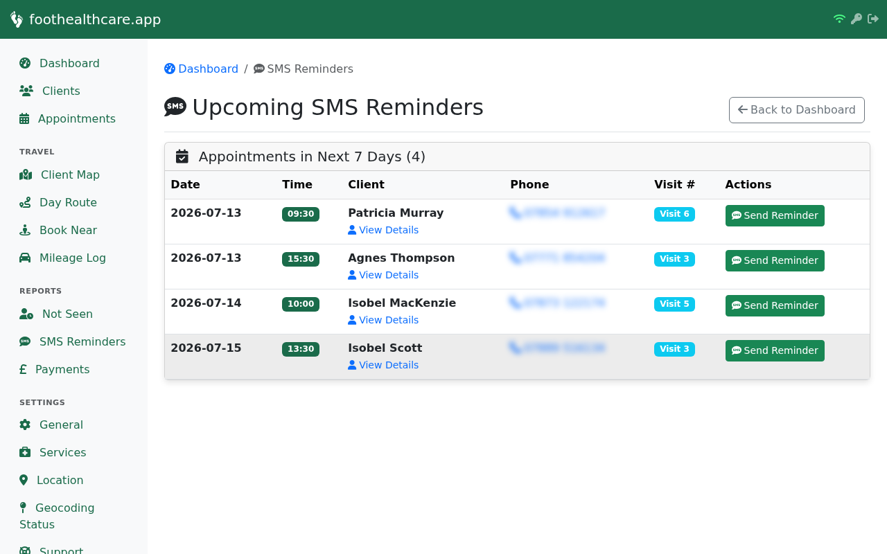 SMS preview showing a personalised reminder message ready to send, with the client name, appointment date, time, and price filled in