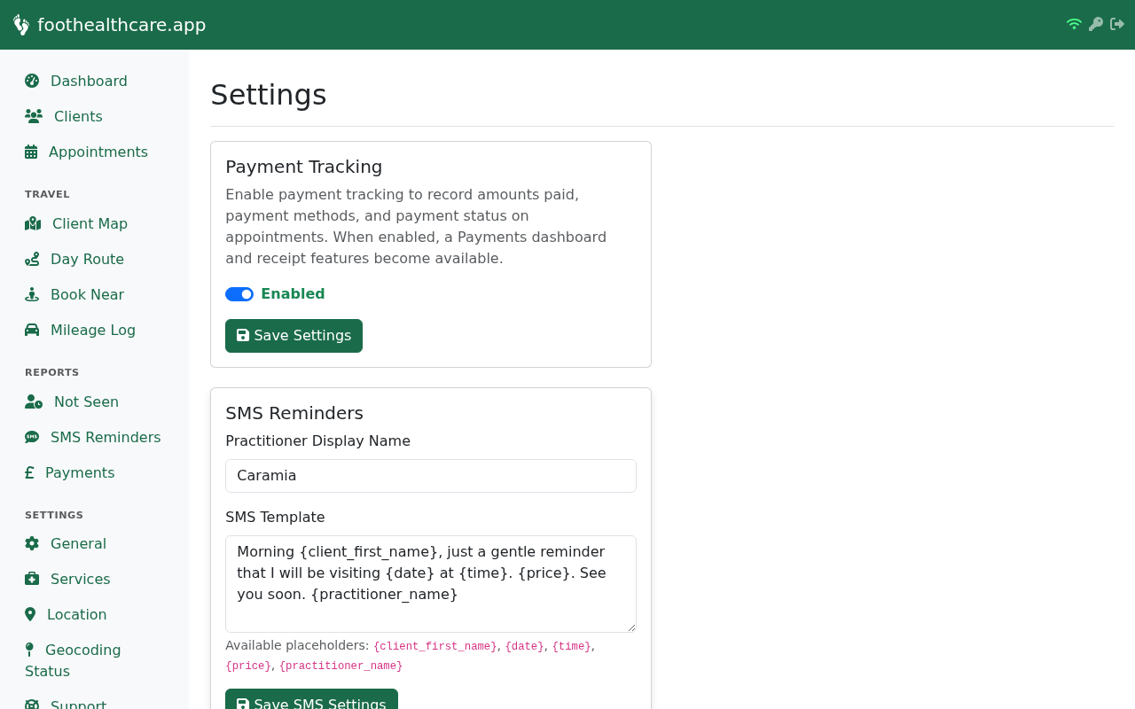 SMS reminder settings showing a customisable message template with placeholders for client name, date, time, and price